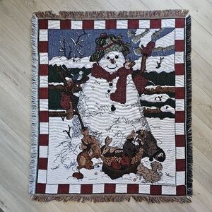 Vintage 90s Goodwin Weavers Snowman Christmas Fringe Tapestry Throw